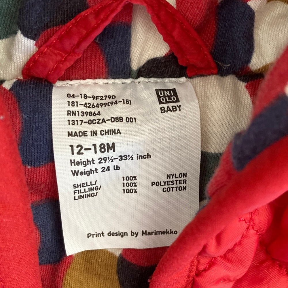 Uniqlo x Marimekko Red Snowsuit 12-18 Months Cotton Lining Foldover Cuff Warm ♥️ - Picture 2 of 9